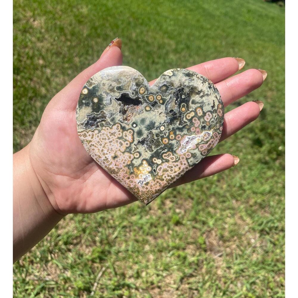 8th Vein Ocean Jasper Heart Carving , 193 g , Unique Orbicular Sea Jasper